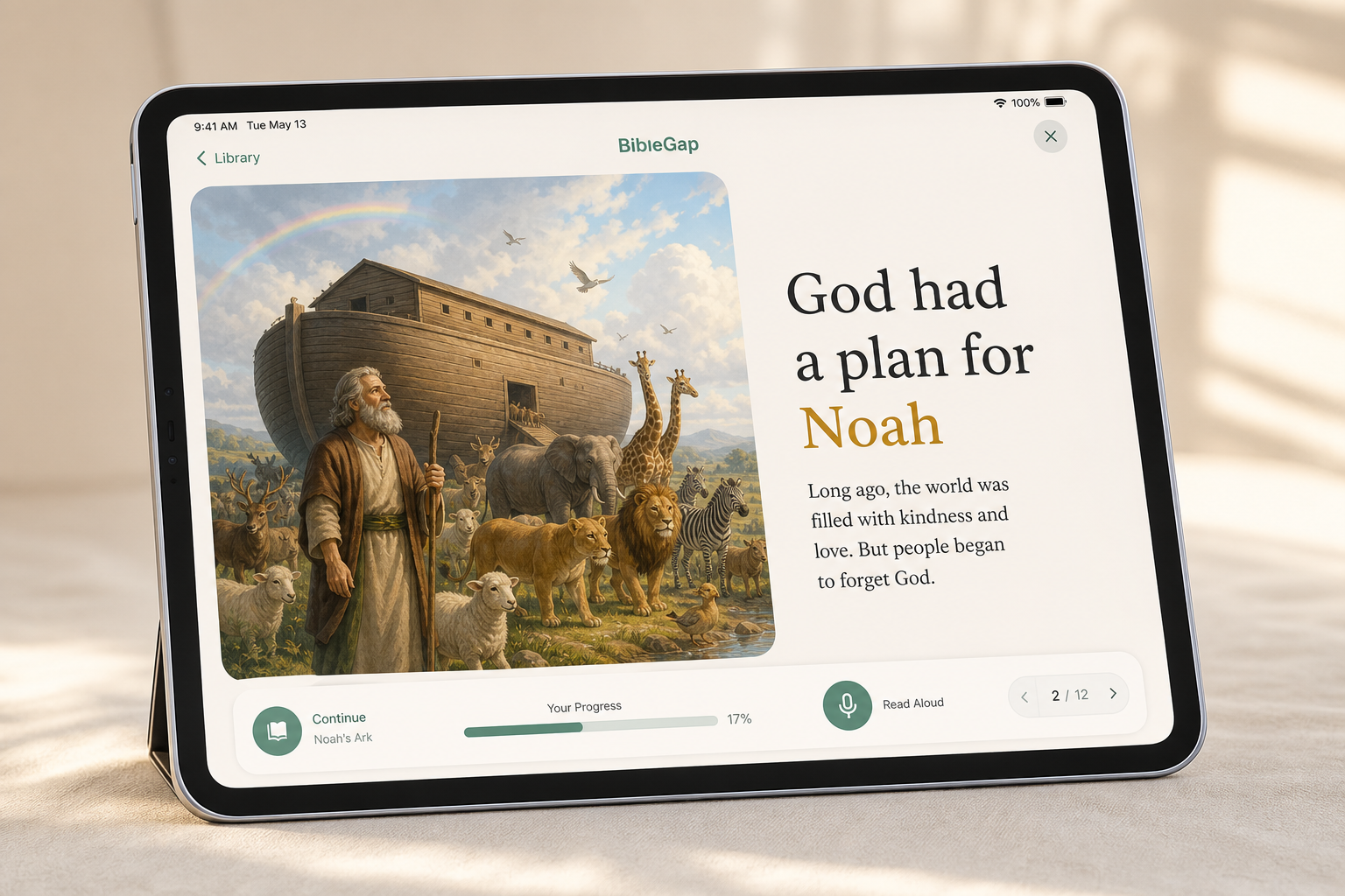 BibleGap reader on iPad in landscape, with story art and highlighted narration text