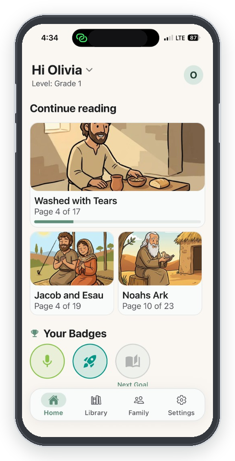 BibleGap home screen showing continue reading and badges