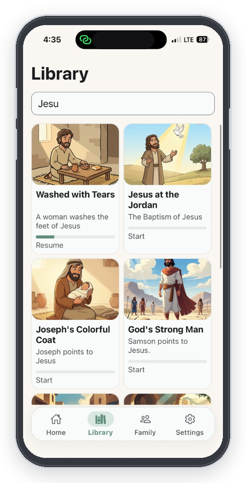 BibleGap library with searchable Bible stories