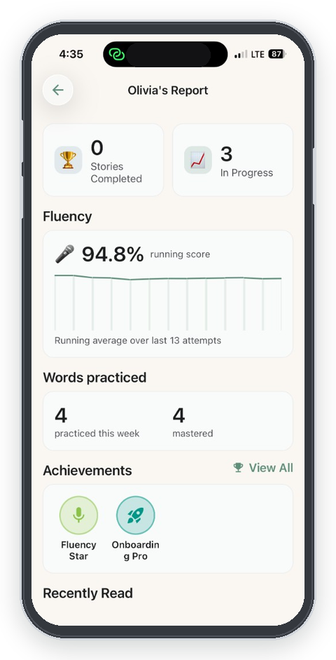 Parent fluency report showing running score and achievements